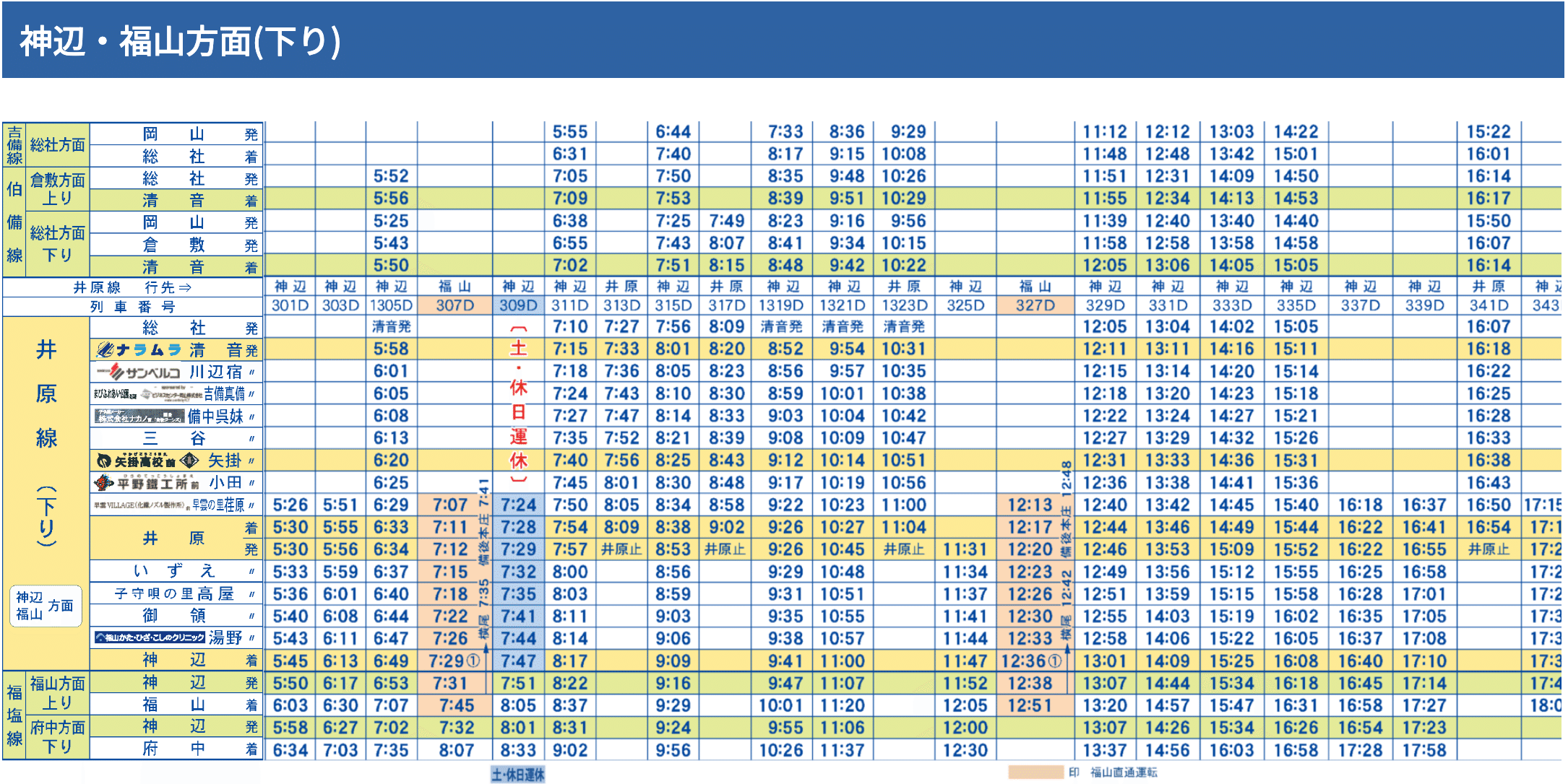 井原鉄道時刻表(下り):始発から16時台まで